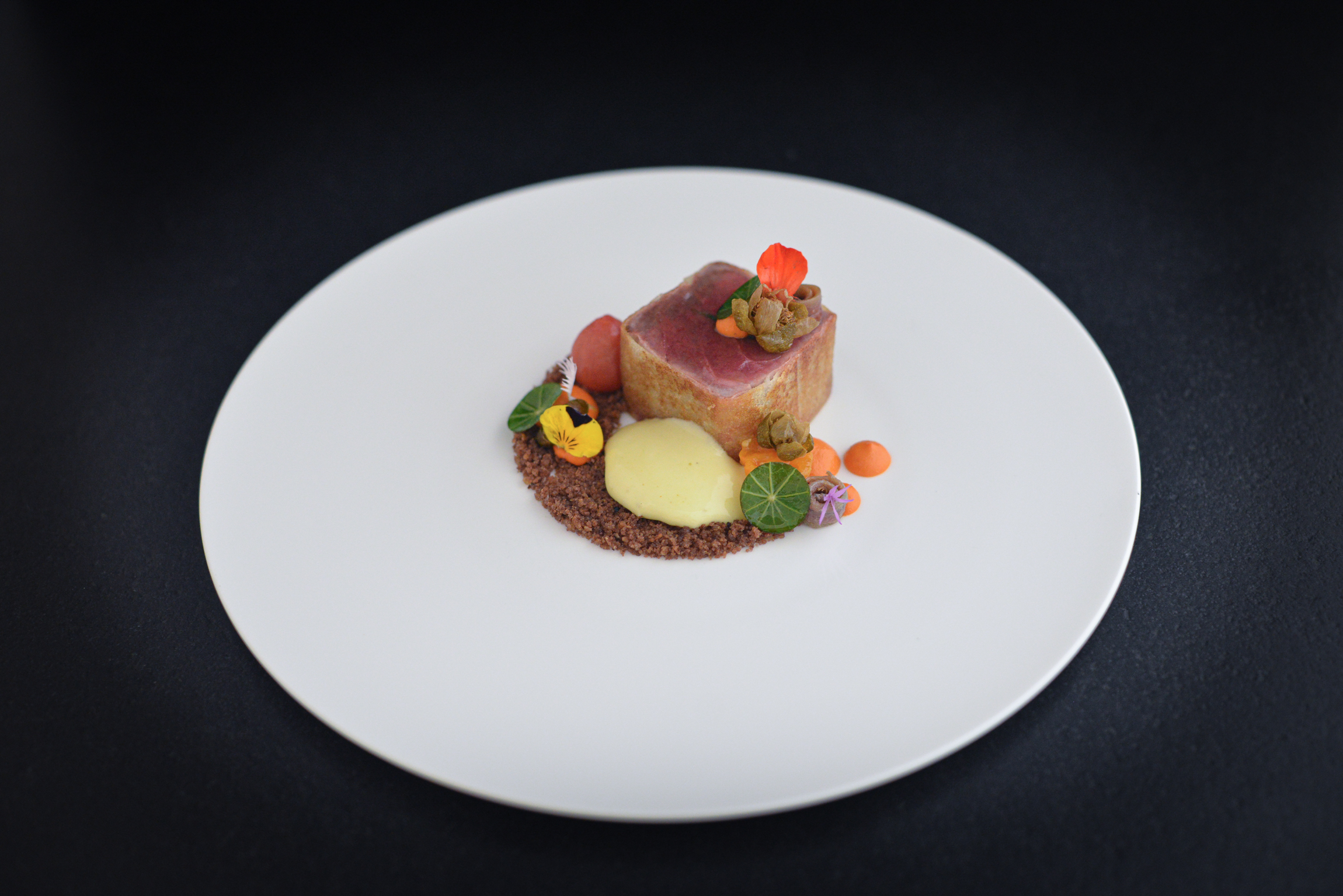 Thon rouge de Méditerranée, Romesco, olives taggiasche et verveine